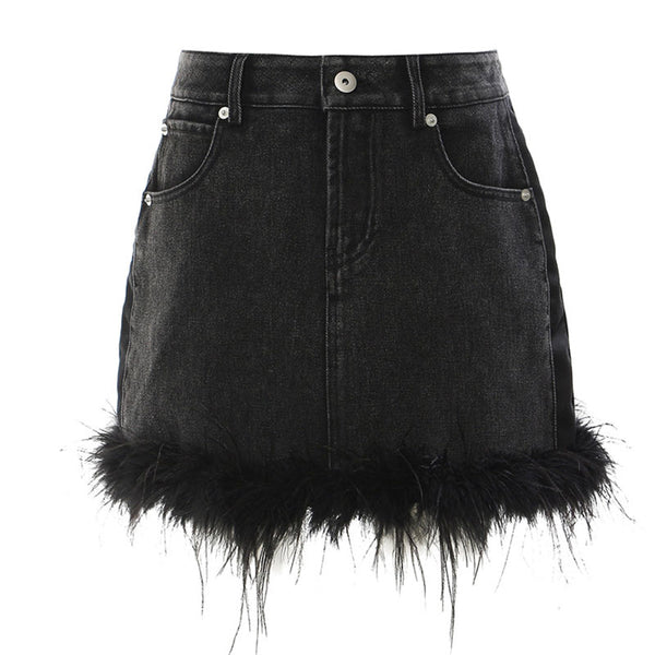 Gothic Glamour Faux Fur Hem High Waist Bodycon Mini Denim Skirt