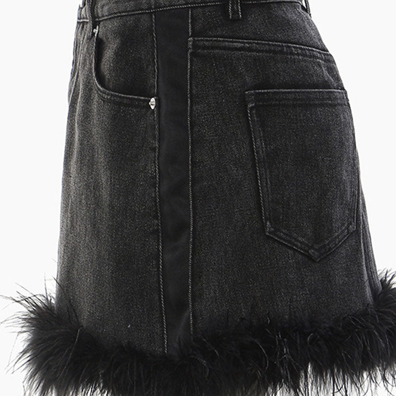 Gothic Glamour Faux Fur Hem High Waist Bodycon Mini Denim Skirt