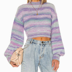 High Collar Tie Dye Bishop Sleeve Knit Crop Pullover Sweater - Purple