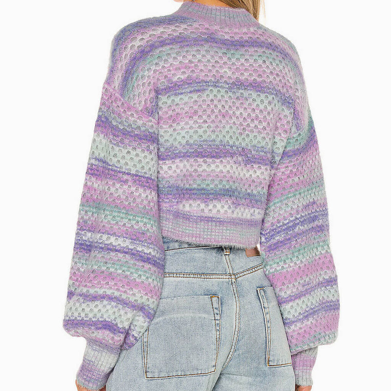 High Collar Tie Dye Bishop Sleeve Knit Crop Pullover Sweater - Purple