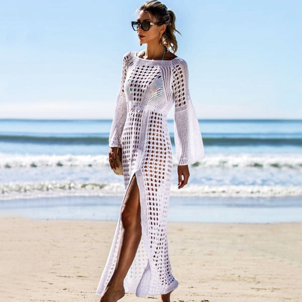 High Slit Flare Sleeve Cutout Crochet Cover Up - White