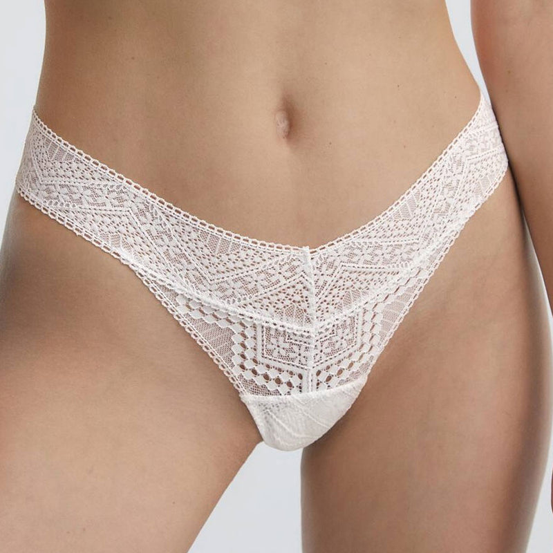 Hollow Out Lace Embellished Mid Waist Lingerie Thong Panty - White