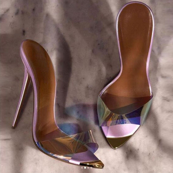 Holographic Clear PVC Open Pointed Toe High Heel Mules - Purple