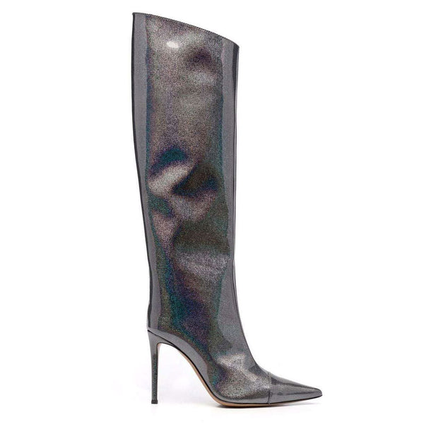 Holographic Glitter Knee High Pointed Toe Stiletto Boots - Dark Gray