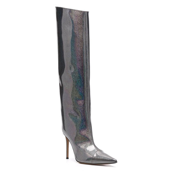 Holographic Glitter Knee High Pointed Toe Stiletto Boots - Dark Gray