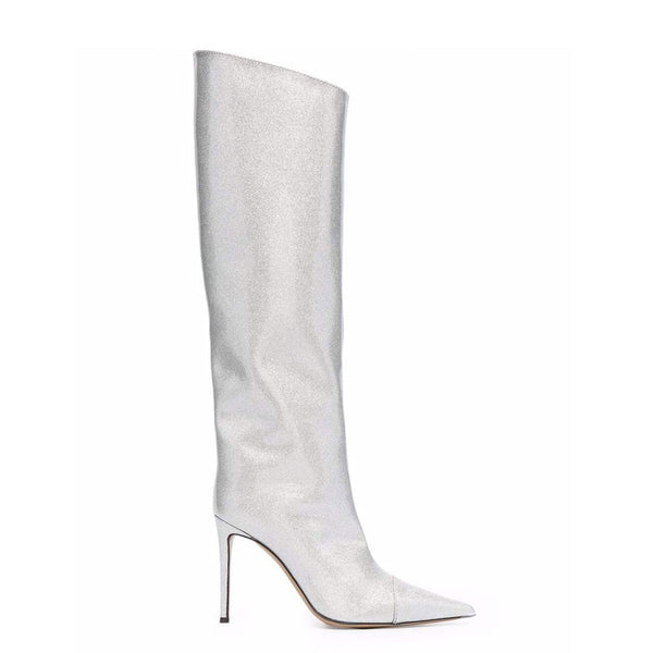 Holographic Glitter Knee High Pointed Toe Stiletto Boots - Light Gray