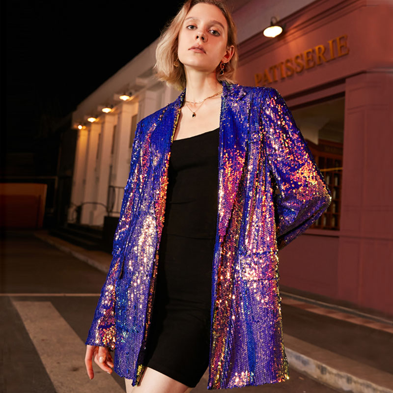 Holographic Lapel Collar Single Breasted Long Sequin Blazer - Purple