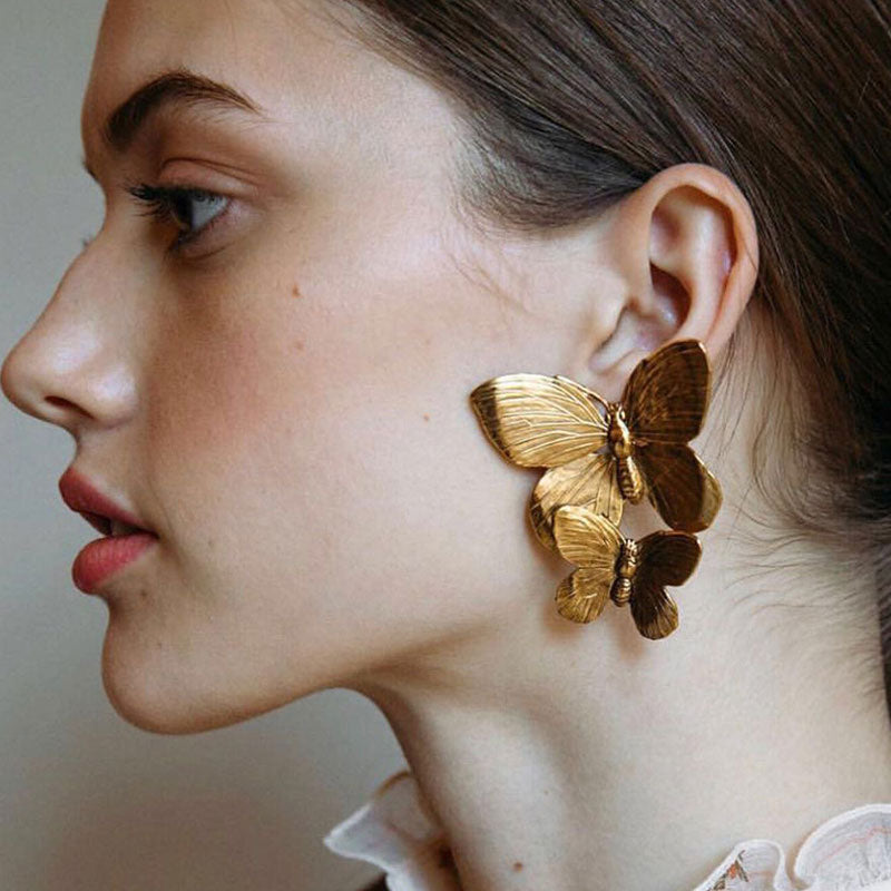 Intricate Metallic Double Butterfly Drop Earrings - Gold