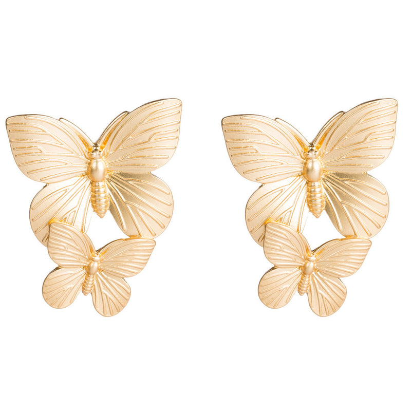 Intricate Metallic Double Butterfly Drop Earrings - Gold