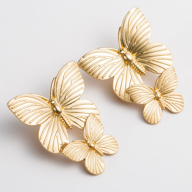 Intricate Metallic Double Butterfly Drop Earrings - Gold