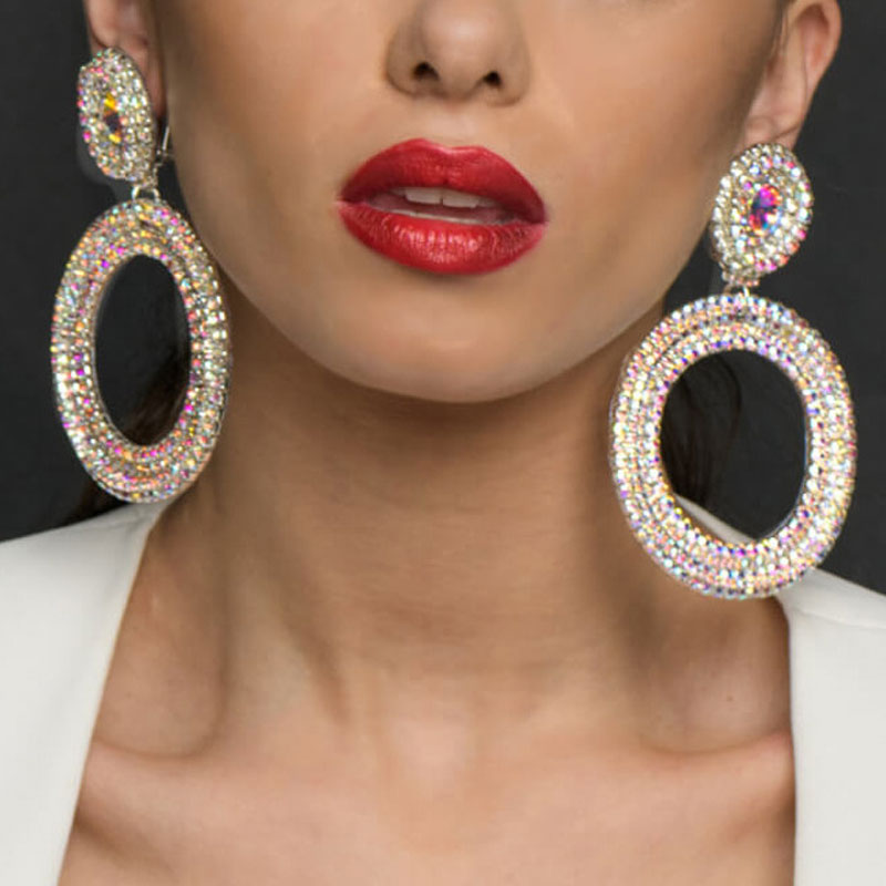 Iridescent Gem Detail Crystal Embellished Hoop Dangle Earrings - Silver