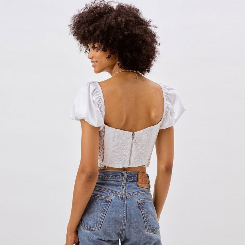 Lace Panel Smocked Back Tie Front Puff Sleeve Crop Top - White