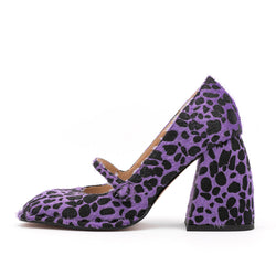 Leopard Print Faux Fur Geometric Heel Mary Jane Pumps - Purple