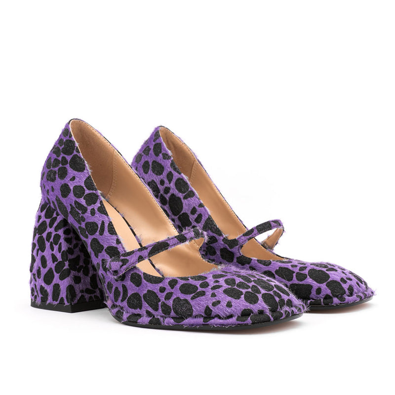 Leopard Print Faux Fur Geometric Heel Mary Jane Pumps - Purple