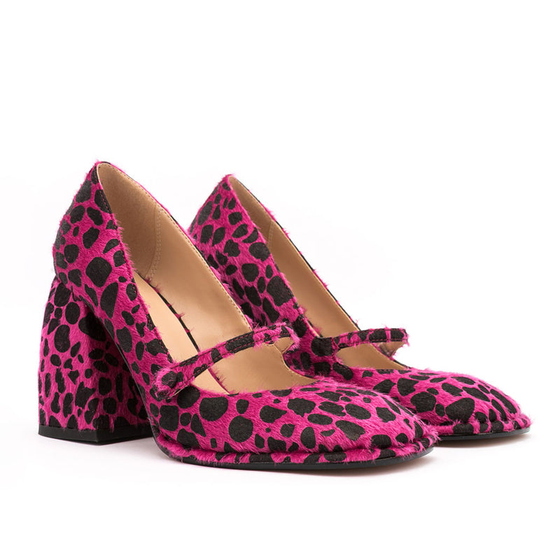 Leopard Print Faux Fur Geometric Heel Mary Jane Pumps - Fuchsia