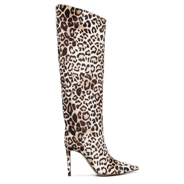 Leopard Print Pointed Toe Knee High Suede Stiletto Boots - Brown