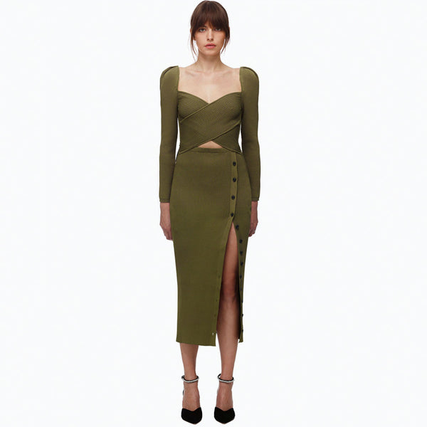 Long Sleeve Cutout Side Button Knit Sweater Midi Dress - Army Green