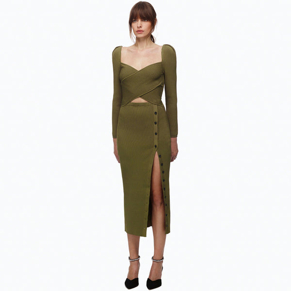 Long Sleeve Cutout Side Button Knit Sweater Midi Dress - Army Green