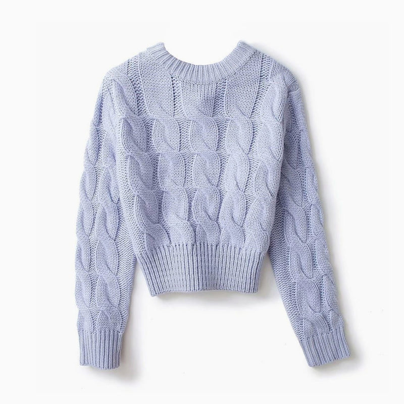 Long Sleeve Scoop Neck Cable Knit Crop Pullover Sweater - Light Blue