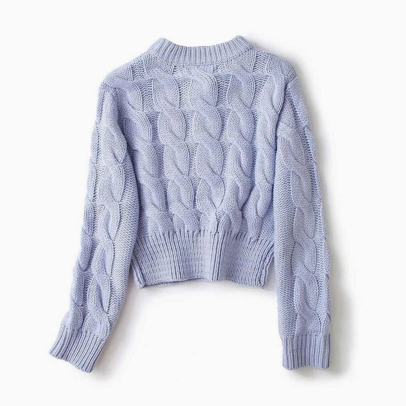 Long Sleeve Scoop Neck Cable Knit Crop Pullover Sweater - Light Blue