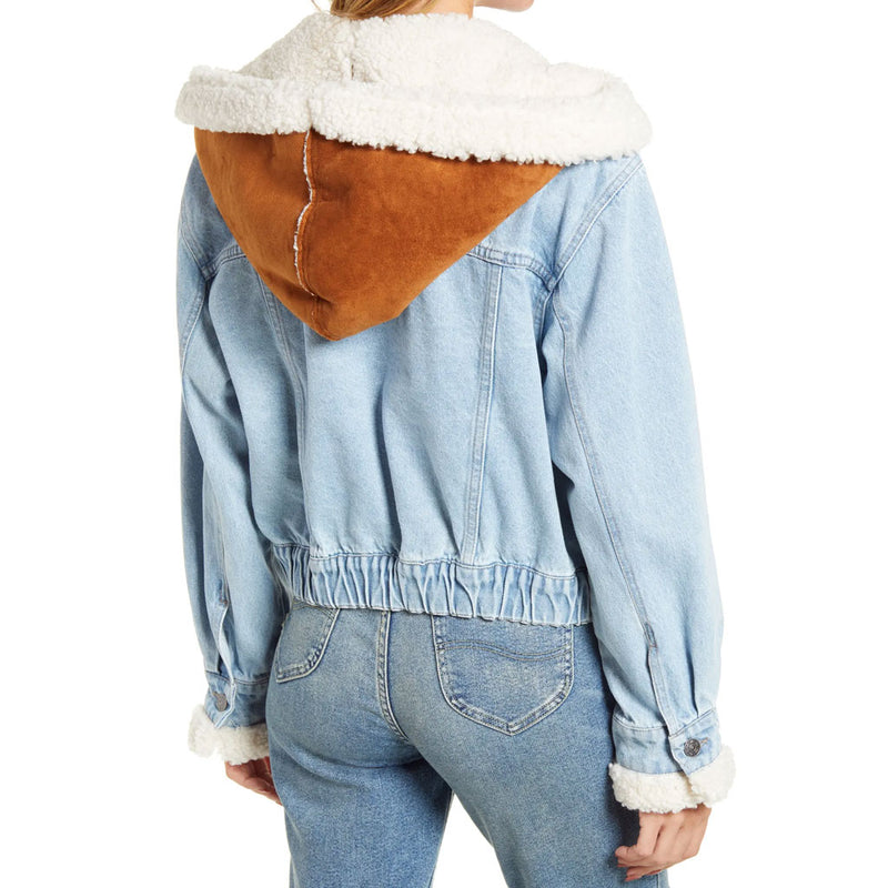 Long Sleeve Sherpa Patchwork Flap Pocket Denim Hooded Coat - Blue