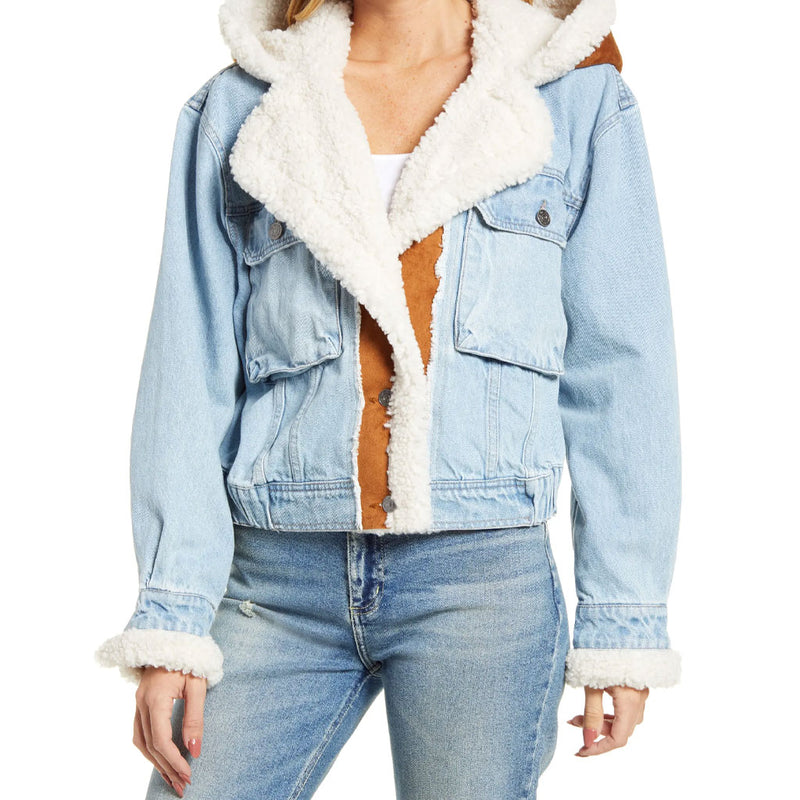 Long Sleeve Sherpa Patchwork Flap Pocket Denim Hooded Coat - Blue