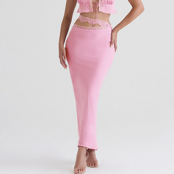 Lustrous Lace Trim Cutout Satin Mermaid Maxi Skirt - Pink