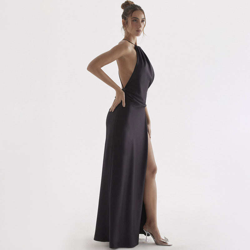 Lustrous Satin Halter Neck High Slit Self Tie Backless Maxi Dress - Black