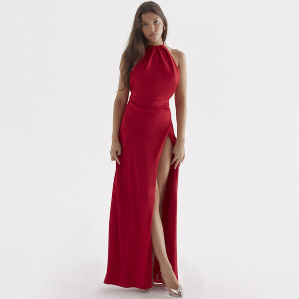 Lustrous Satin Halter Neck High Slit Self Tie Backless Maxi Dress - Red