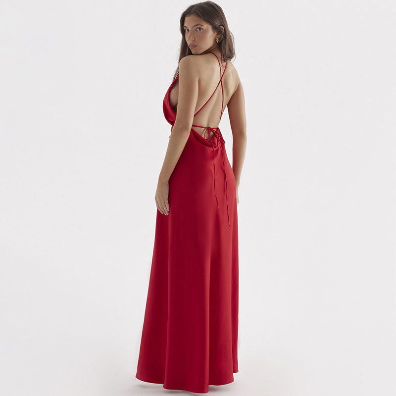 Lustrous Satin Halter Neck High Slit Self Tie Backless Maxi Dress - Red