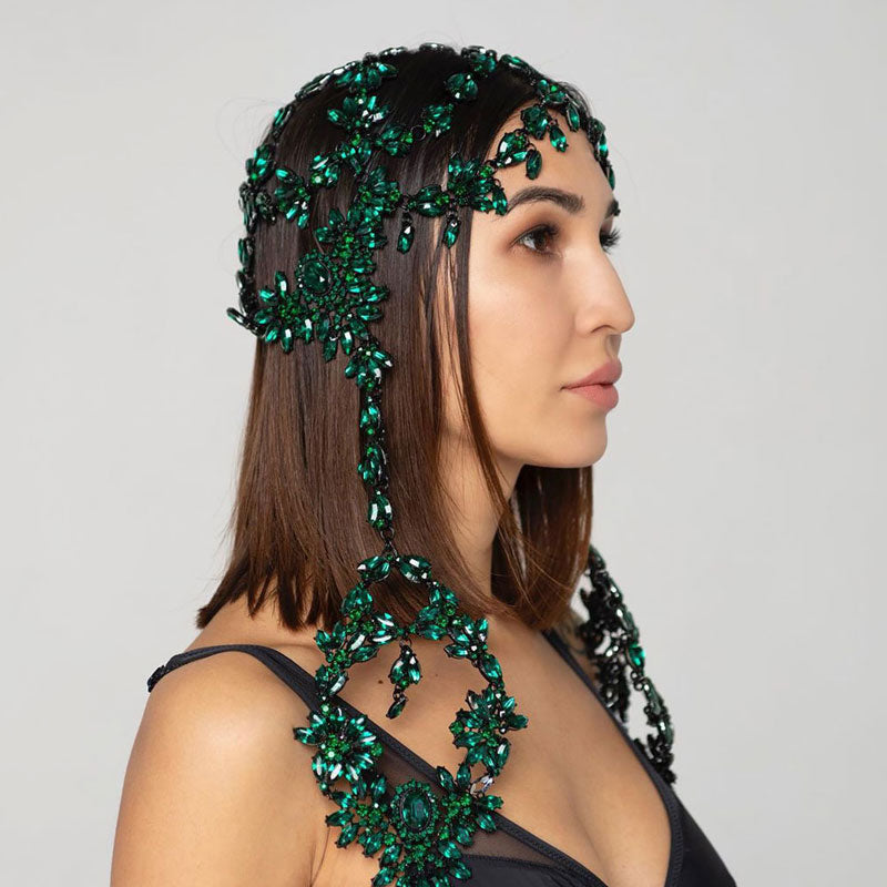 Luxurious Crystal Gem Embellished Festive Chandelier Headpiece - Green
