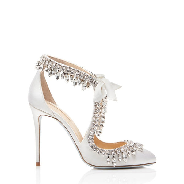 Luxurious Draping Crystal Bow Tie Pointed Toe Stiletto PU Pumps - White