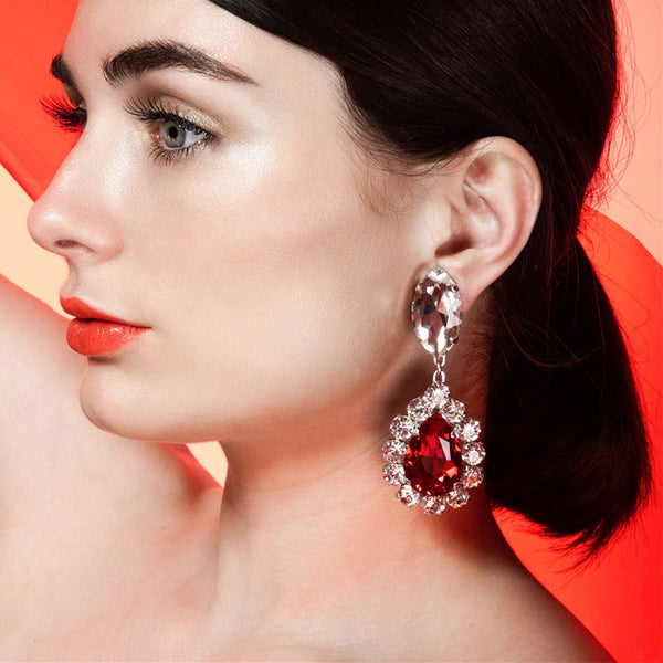 Luxurious Gem Pear Cut Pendant Silver Plated Dangle Earrings - Red