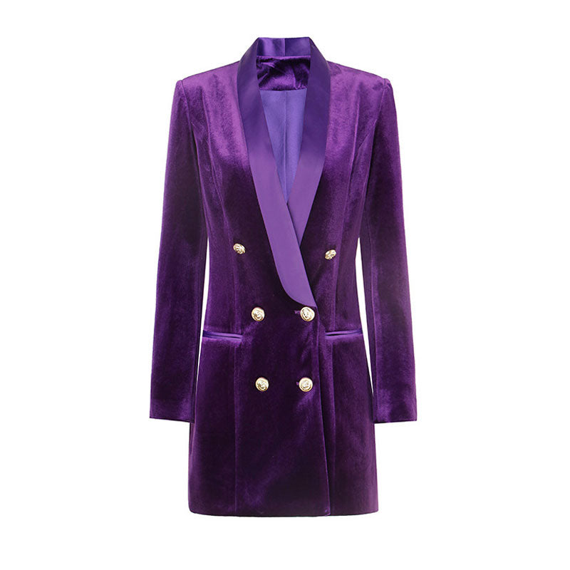 Luxurious Shawl Lapel Double Breasted Velvet Blazer Mini Dress - Purple