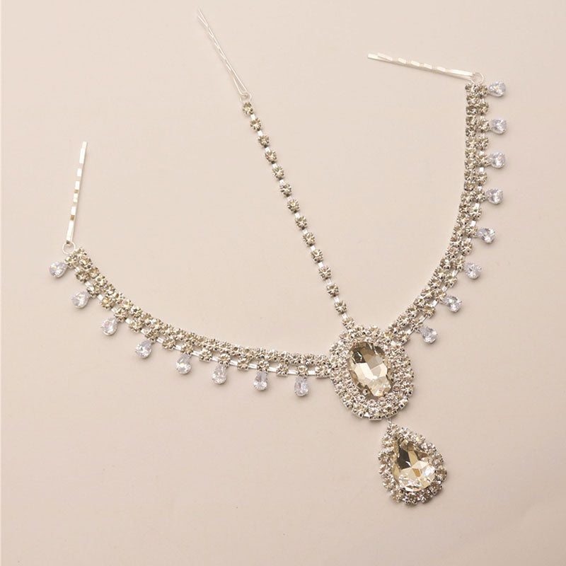 Luxurious Teardrop Gem Detail Rhinestone Embellished Head Chain - Silver