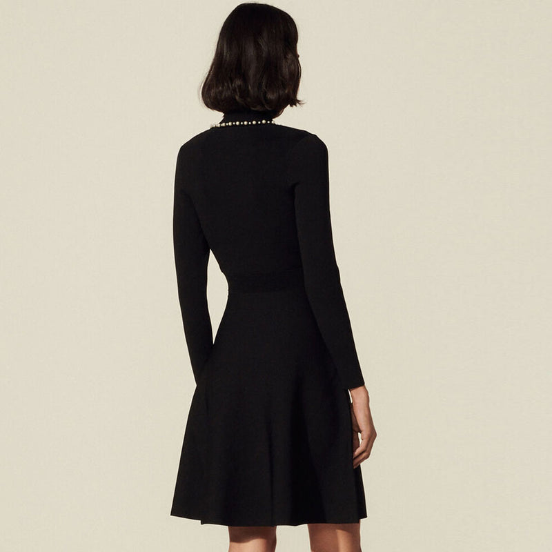 Luxury Beaded Collar Long Sleeve Knit Sweater Mini Dress - Black