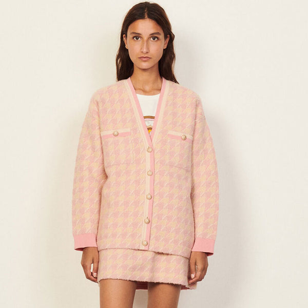 Luxury Button Front Houndstooth Long Sleeve Knit Matching Set - Pink
