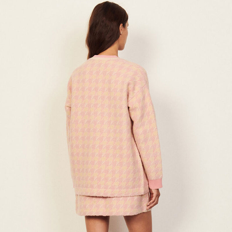 Luxury Button Front Houndstooth Long Sleeve Knit Matching Set - Pink