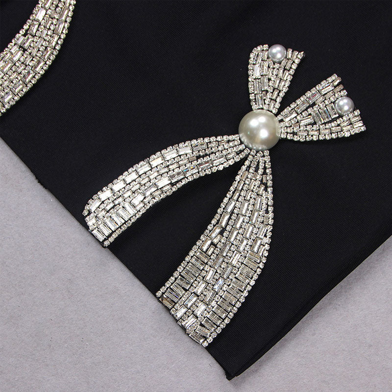 Luxury Crystal Bow Spaghetti Strap Plunge Fitted Bandage Sleeveless Mini Dress