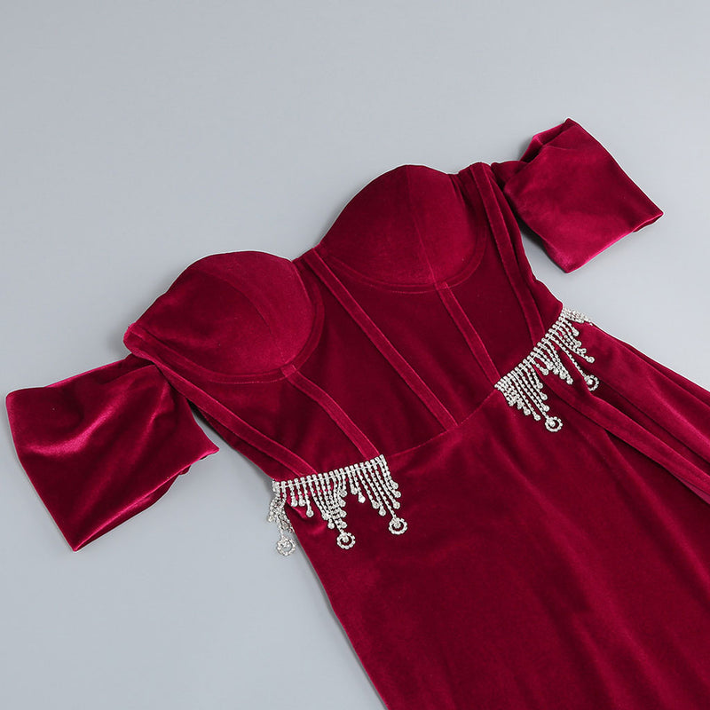 Luxury Crystal Embellished Off The Shoulder Sweetheart Corset Split Maxi Velvet Dress
