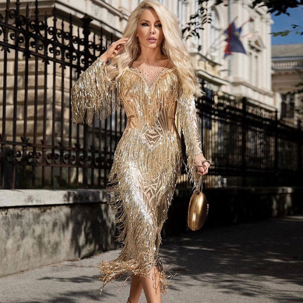 Luxury Crystal Sequin Fringe Long Sleeve Back Slit Midi Party Dress - Gold