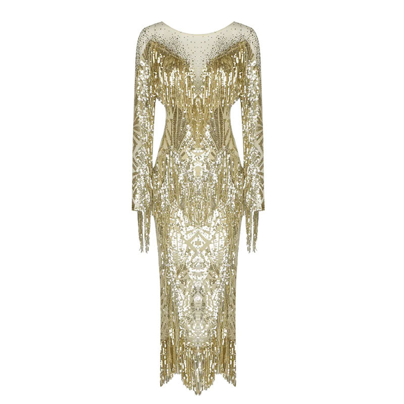 Luxury Crystal Sequin Fringe Long Sleeve Back Slit Midi Party Dress - Gold