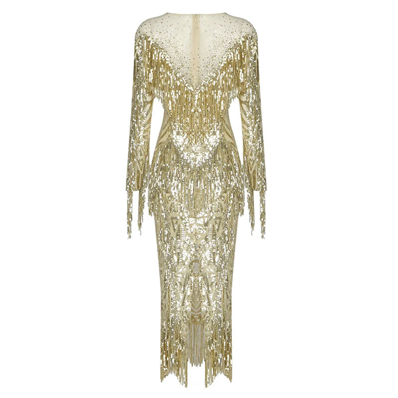Luxury Crystal Sequin Fringe Long Sleeve Back Slit Midi Party Dress - Gold