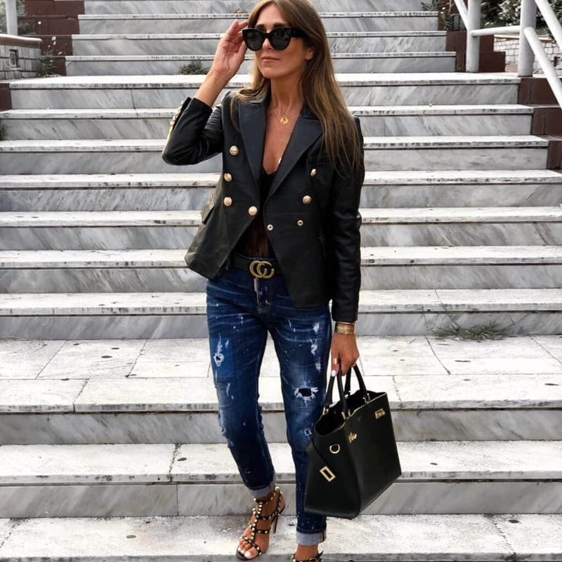 Luxury Double Breast Long Sleeve Leather Blazer Jacket - Black