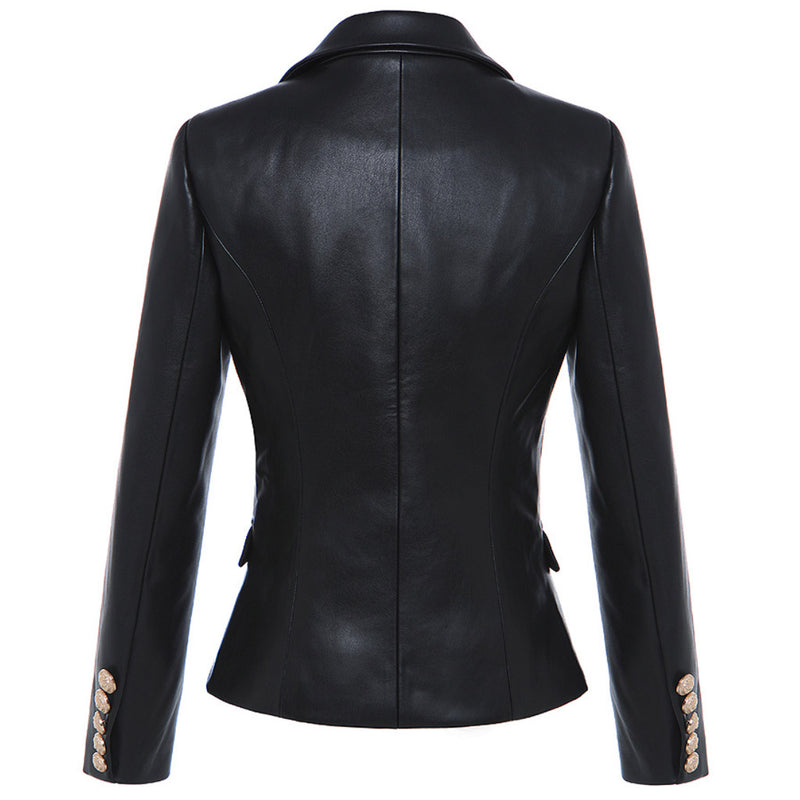 Luxury Double Breast Long Sleeve Leather Blazer Jacket - Black