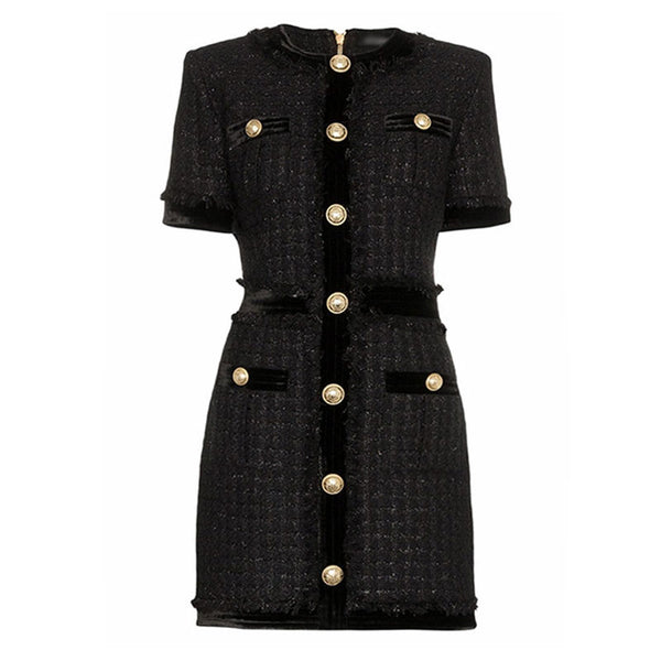 Luxury Embossed Button Detail Round Neck Short Sleeve Tweed Mini Dress