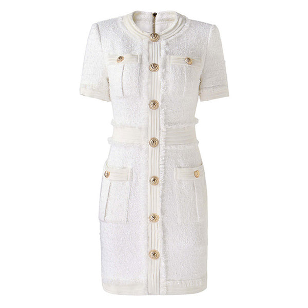 Luxury Embossed Button Detail Round Neck Short Sleeve Tweed Mini Dress