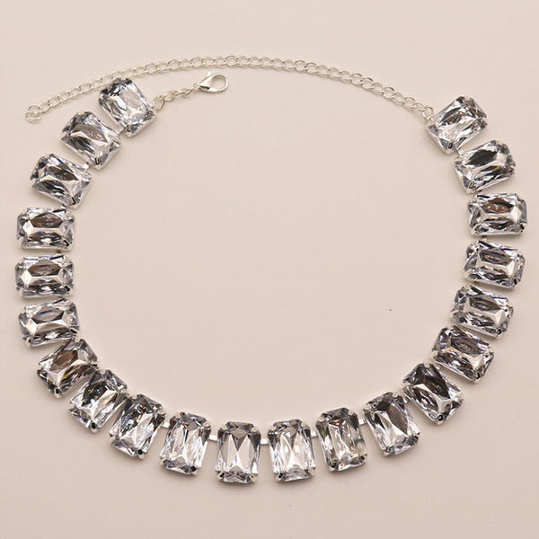 Luxury Emerald Cut Crystal Embellished Silver Plated Tennis Necklace - White