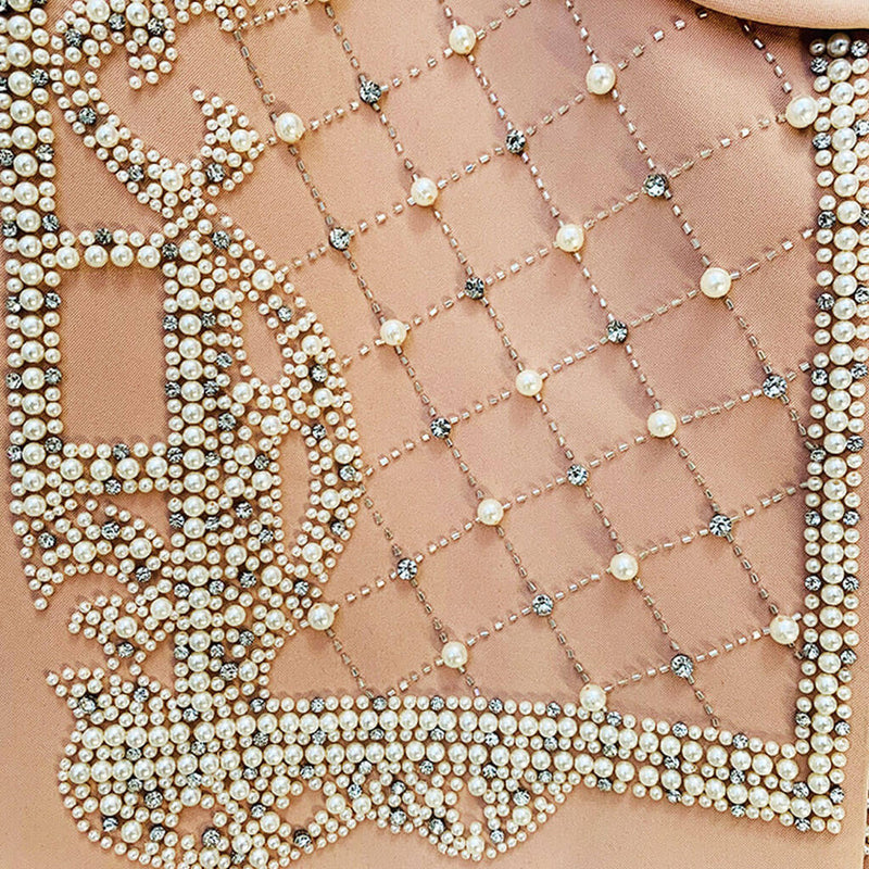 Luxury Faux Pearl Embellished Shoulder Pad Shawl Lapel Long Blazer - Nude