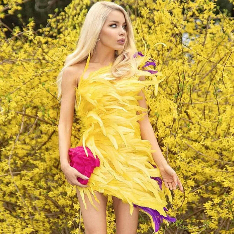 Luxury Feather Trim One Shoulder Bodycon Mini Dress - Yellow